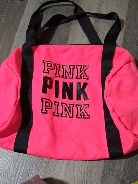 PINK Victoria's Secret Neon Pink Canvas Tote with Black Straps